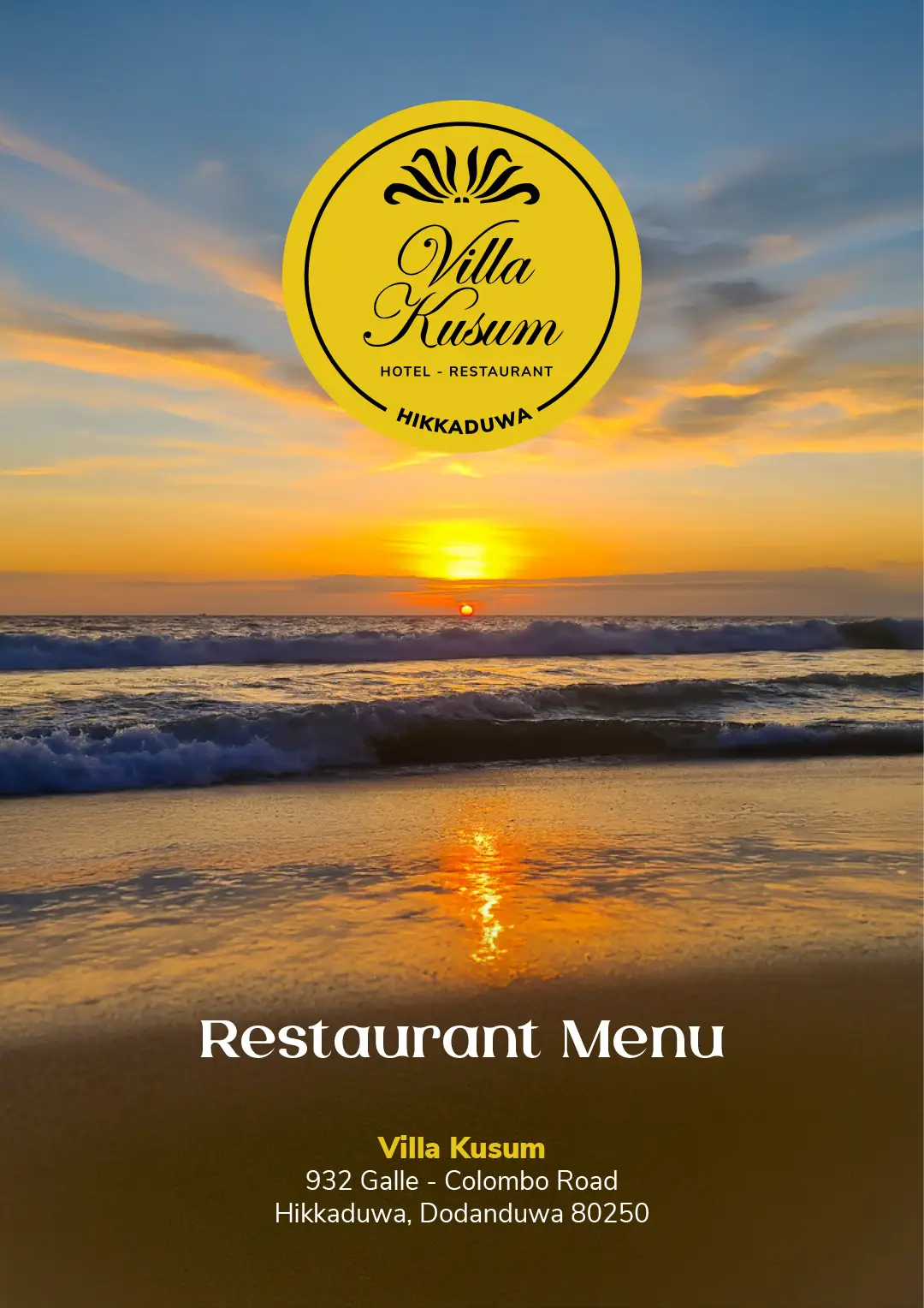 Menu Beach restaurant Villa Kusum Hikkaduwa
