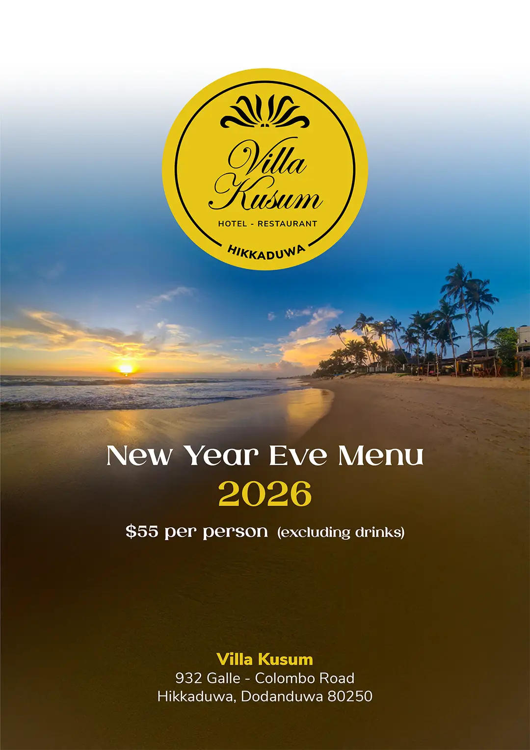 Menu Beach restaurant Villa Kusum Hikkaduwa